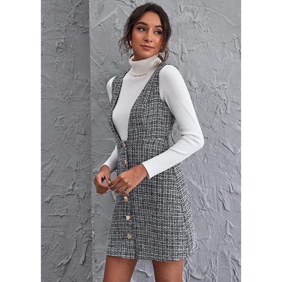 Black Plaid Tweed Sleeveless V-Neck A-Line Mini Pinafore Overalls Tank Dress - Picture 3 of 9